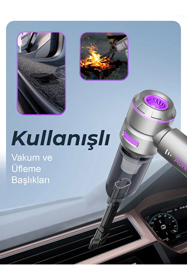 AHV-02 Kablosuz Araç İçi Süpürge Mor | 18000PA Güçlü Vakum | Fırçasız Motor